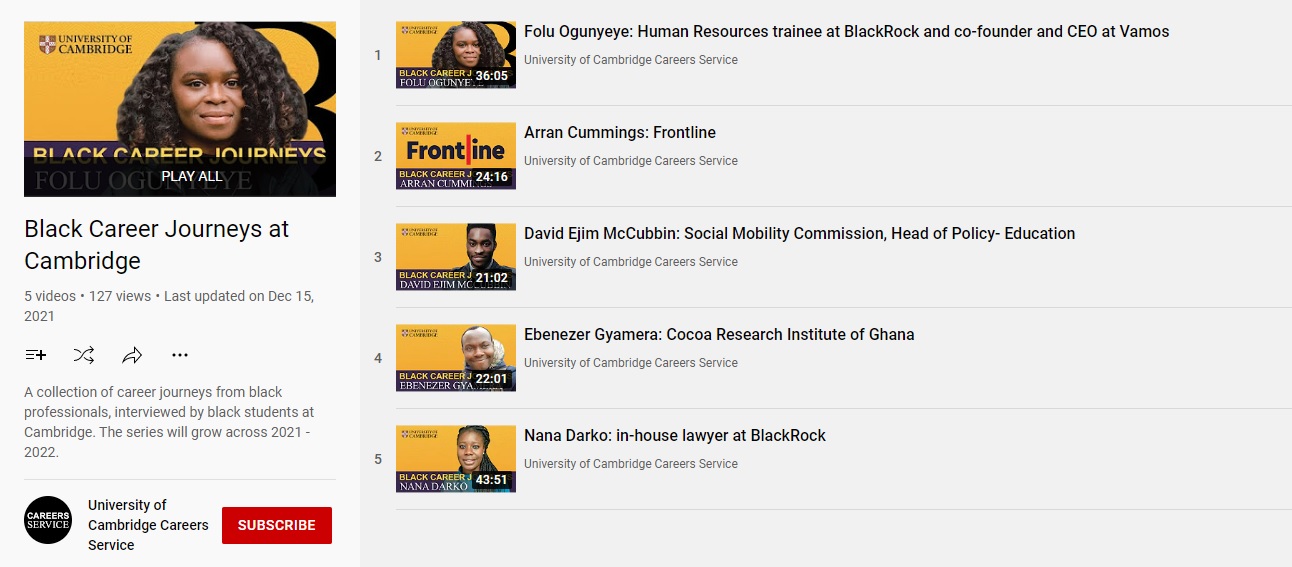 The Careers Service playlist Black Career Journeys at Cambridge
