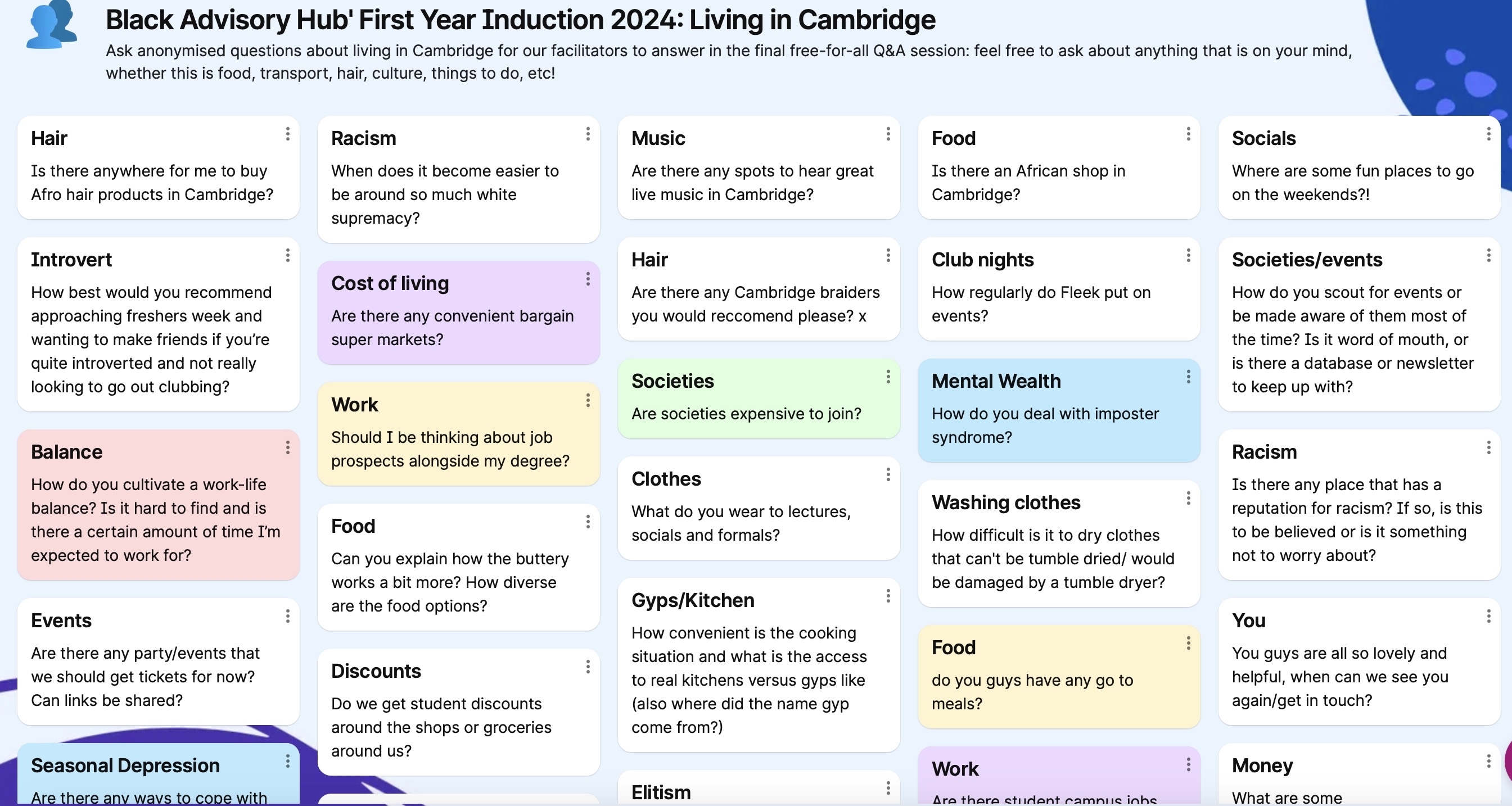 Screenshot of the Padlet generated during the 2024 online BAH Induction event