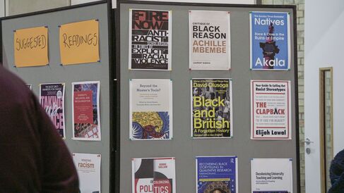 A display from the book cover exhibition at the Black Awarding Gaps and Decolonisation Forum 2023